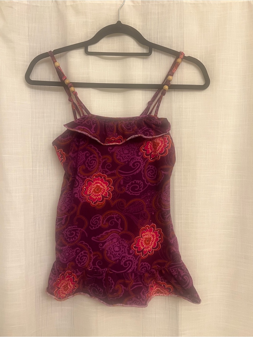 Y2K floral/paisley red violet & plum ruffled top with beaded straps!